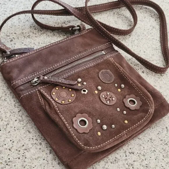 Fossil Brown Leather Suede Crossbody Bag Floral Stud Grommet Applique Full Zip - Picture 15 of 15